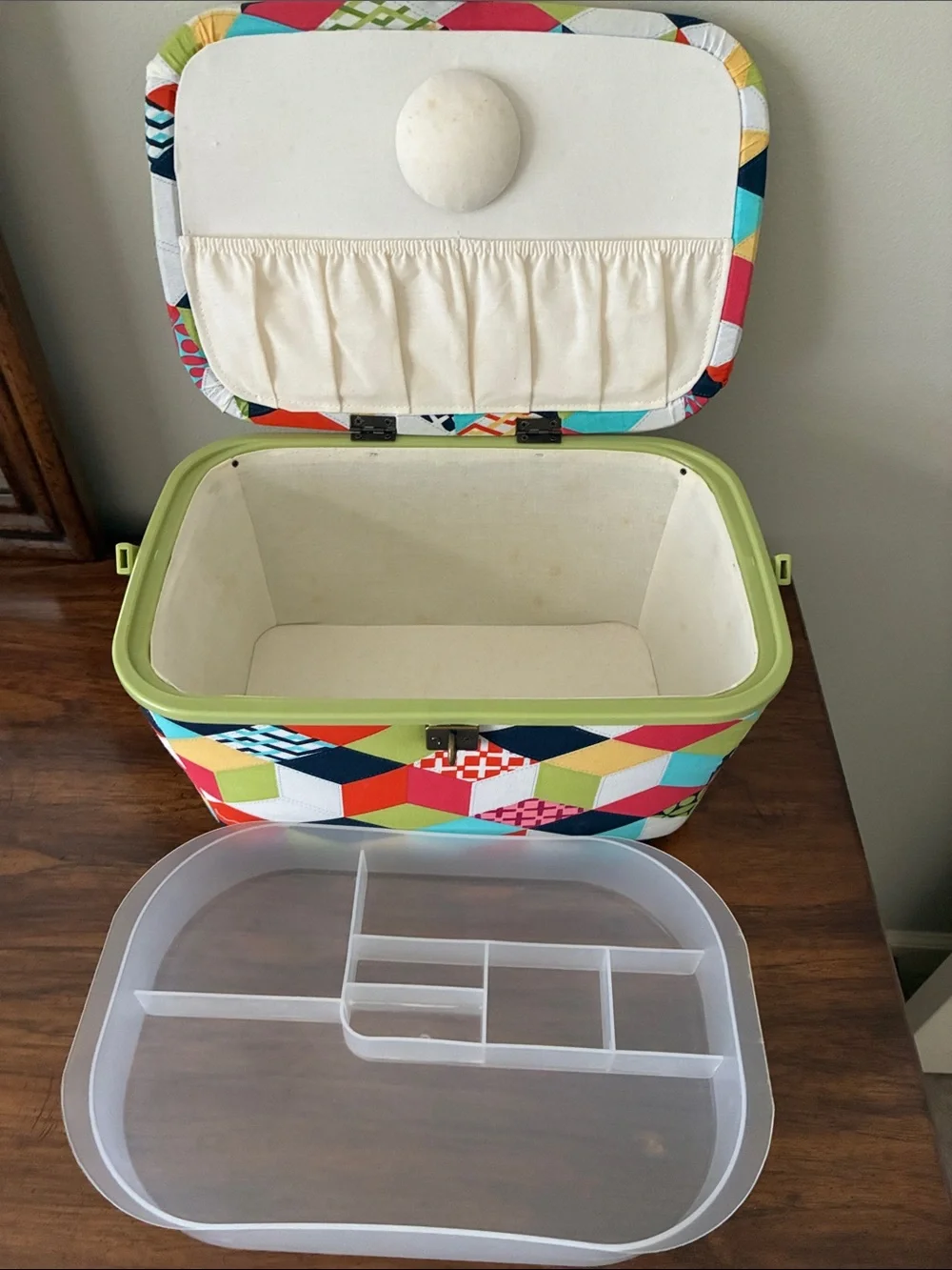 Vintage Style Multi-Color Geometric Fabric Sewing Basket W/Tray Pincushion